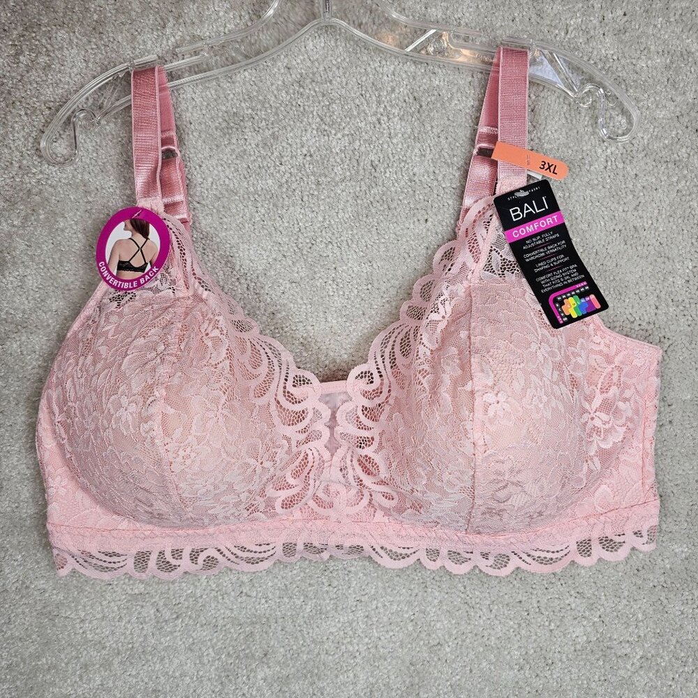 Bali Bra Size 3X Pink Lace Overlay Convertible Back NEW